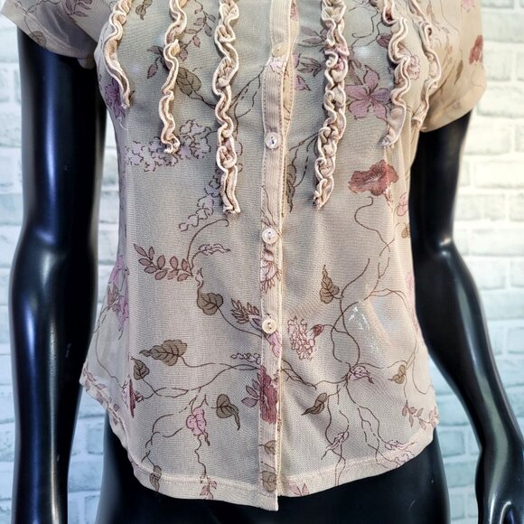 Vintage 90s Y2K The Limited Sheer Tan Pink Floral Ruffle Pintucked Button Front - Picture 3 of 9